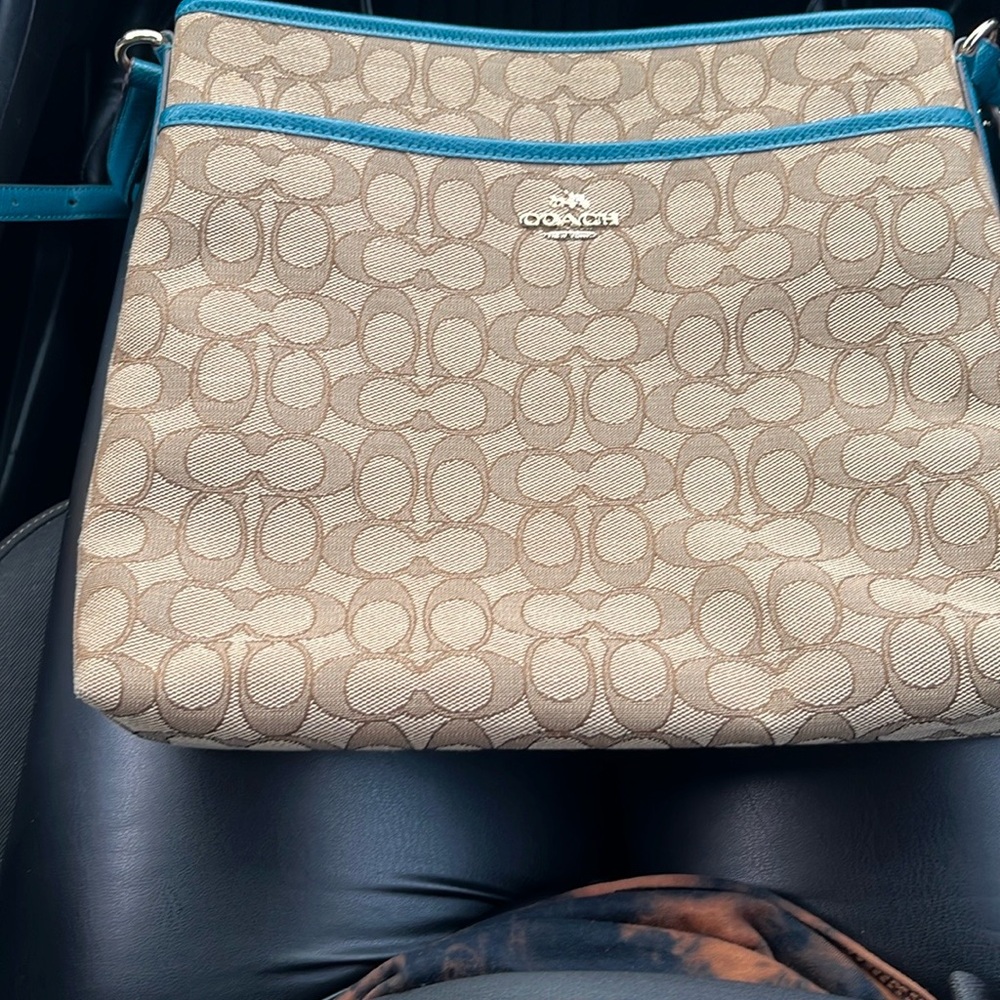 Coach Signature Beige and Teal Crossbody Bag